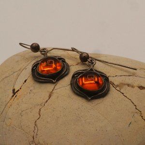 Vintage Faux Amber Round Cabochon Silver Feather Enwrapped Drop Earrings